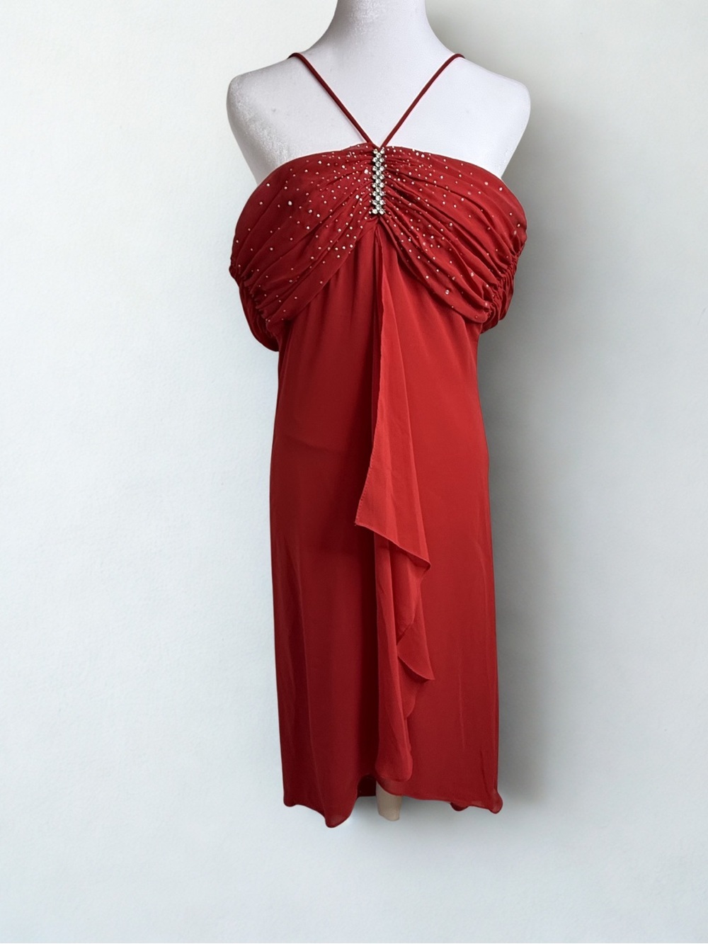 Strapless Red Rhinestone-Accent Evening Dress